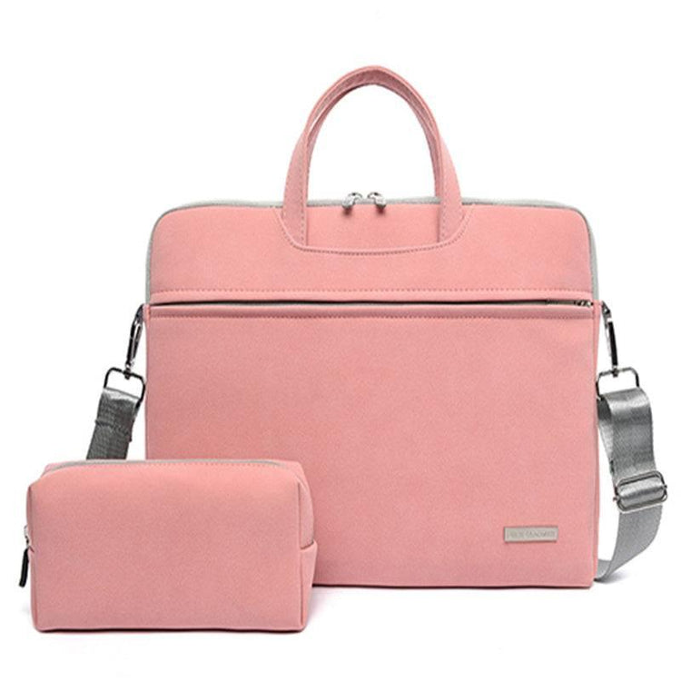 Pink canvas laptop bag with matching pouch, silver zippers, and adjustable grey strap