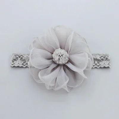Sheer gray fabric flower headband with lace elastic strap, soft and delicate style