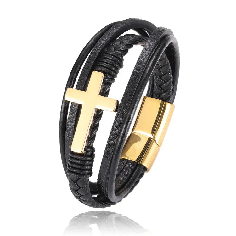 Black multi-strand leather bracelet with gold cross and magnetic clasp, modern streetwear accessory