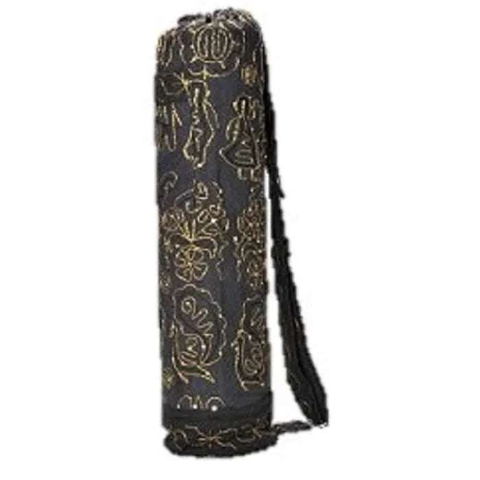 Handcrafted yoga bag with black cotton fabric and intricate gold embroidery, adjustable strap, designed for carrying yoga mats and essentials.