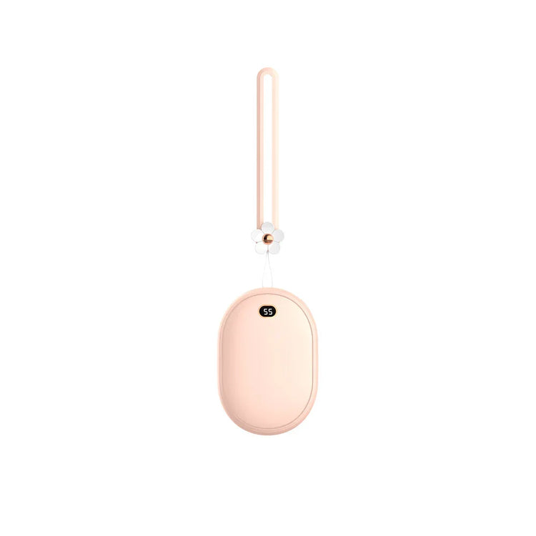 Beige oval tech accessory with digital display, slim strap, and floral detail on white background.