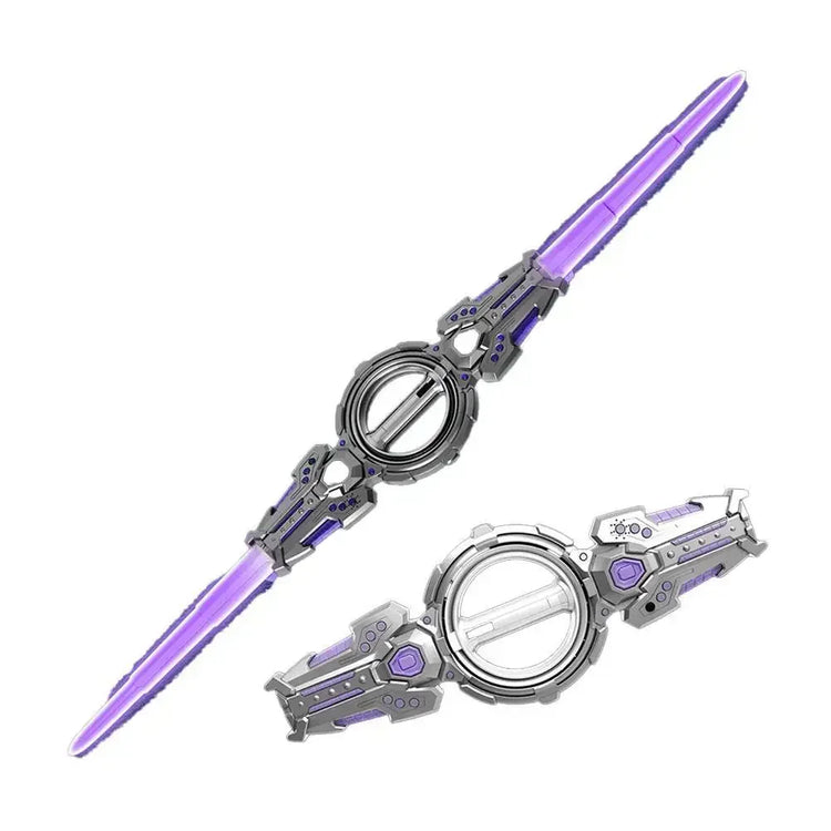 Futuristic double-ended toy sword with metallic silver handle and purple translucent blades.