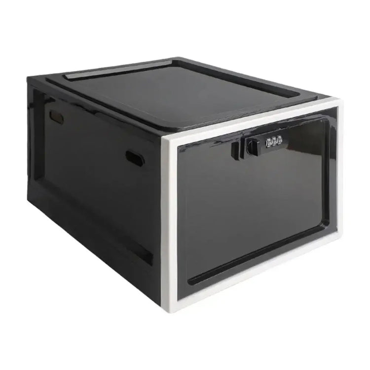 Black folding storage box with white trim and built-in lock, modern plastic material