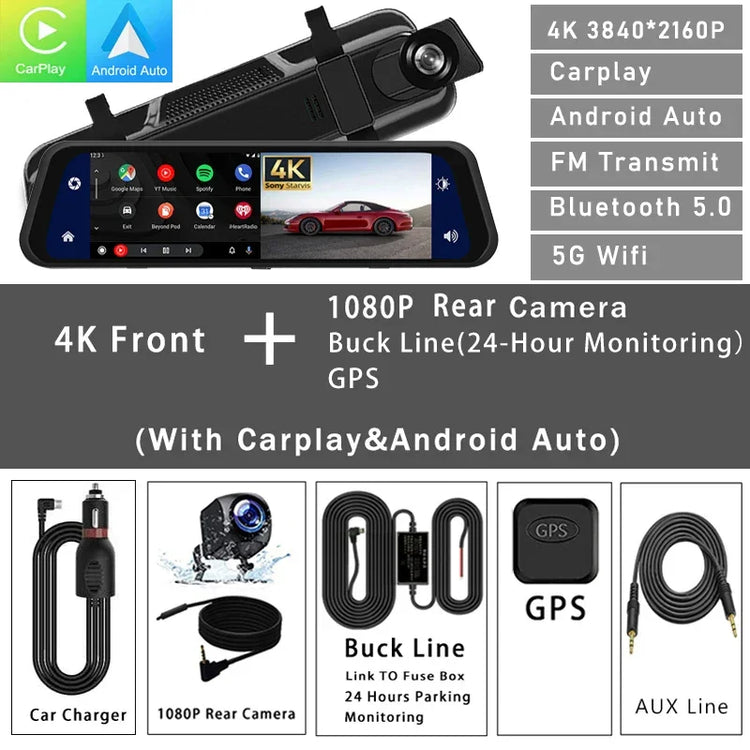 4K front and 1080P rear dash cam set with GPS, Carplay, Android Auto, parking monitor, and accessories