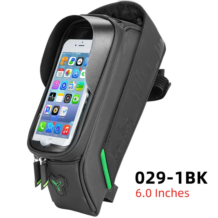 Black waterproof bike phone bag with green accents, touchscreen window, compact fit
