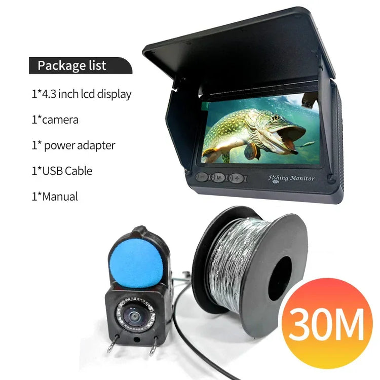 Underwater fishing camera kit with 4.3 inch LCD display, waterproof camera, 30 meter cable spool