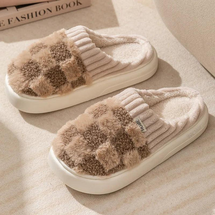 Beige fuzzy slippers with checkerboard pattern, plush faux fur material, slip-on style