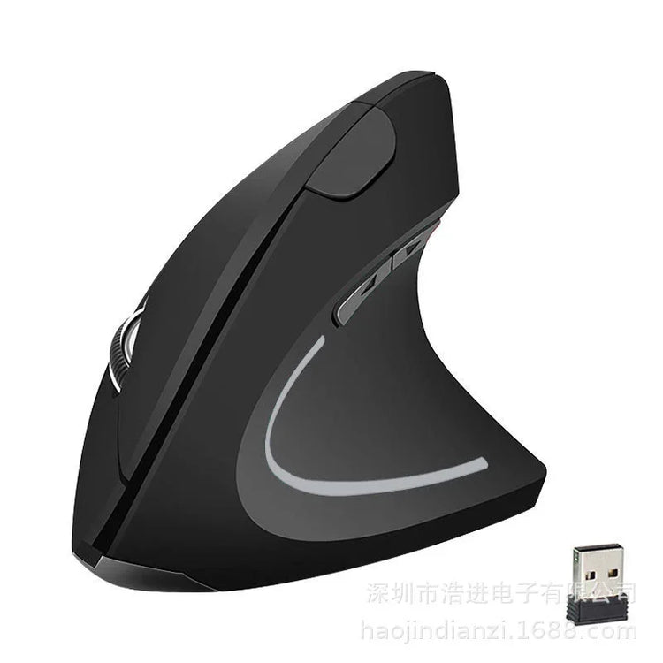 Black vertical ergonomic wireless mouse with USB receiver, matte finish, side buttons