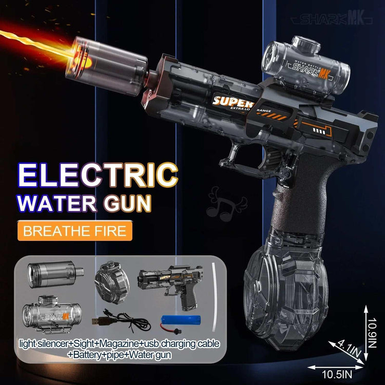 Electric water gun with transparent black plastic body, drum magazine, and laser sight accessory