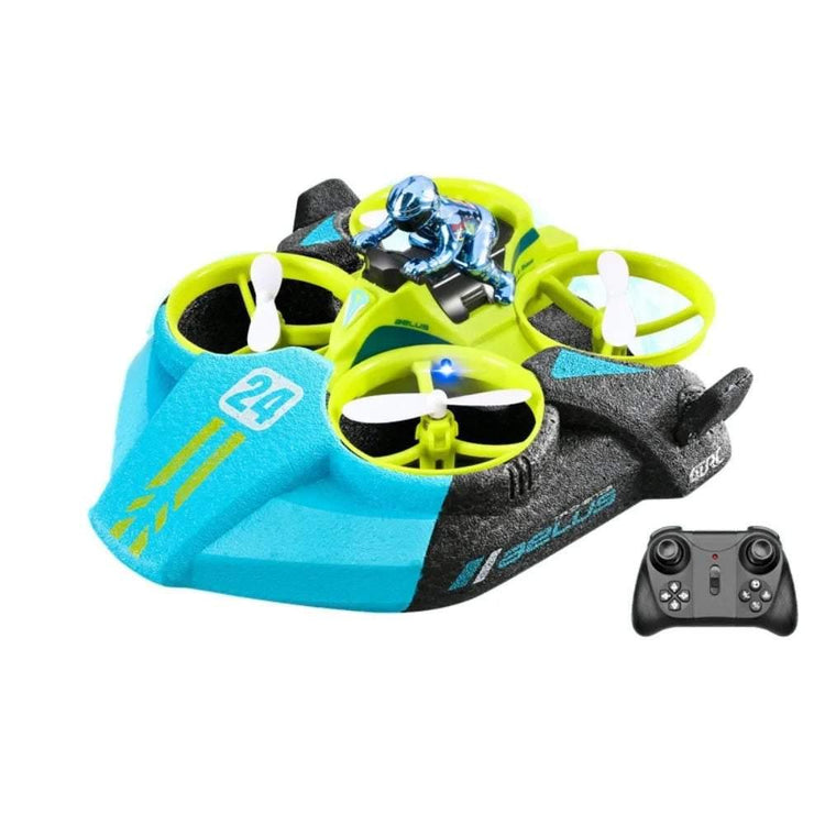 Futuristic blue and neon green mini drone hovercraft with remote control, sporty design