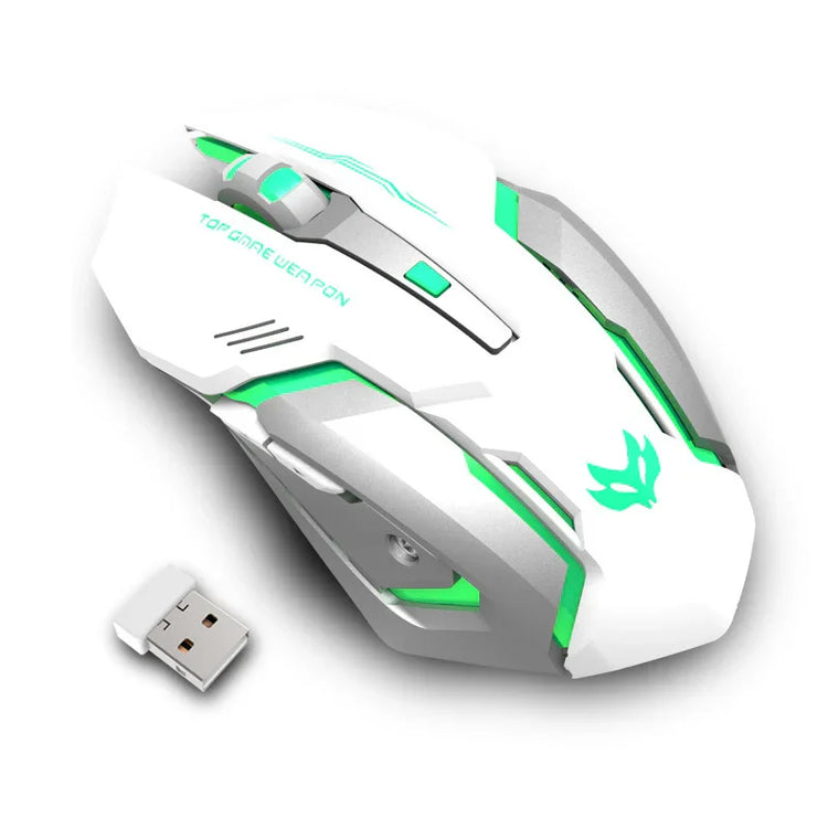 Futuristic white and silver wireless gaming mouse with green LED accents and USB receiver