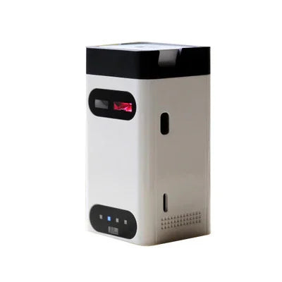 Compact white and black portable tech gadget with sleek modern design, glossy finish, rectangular shape