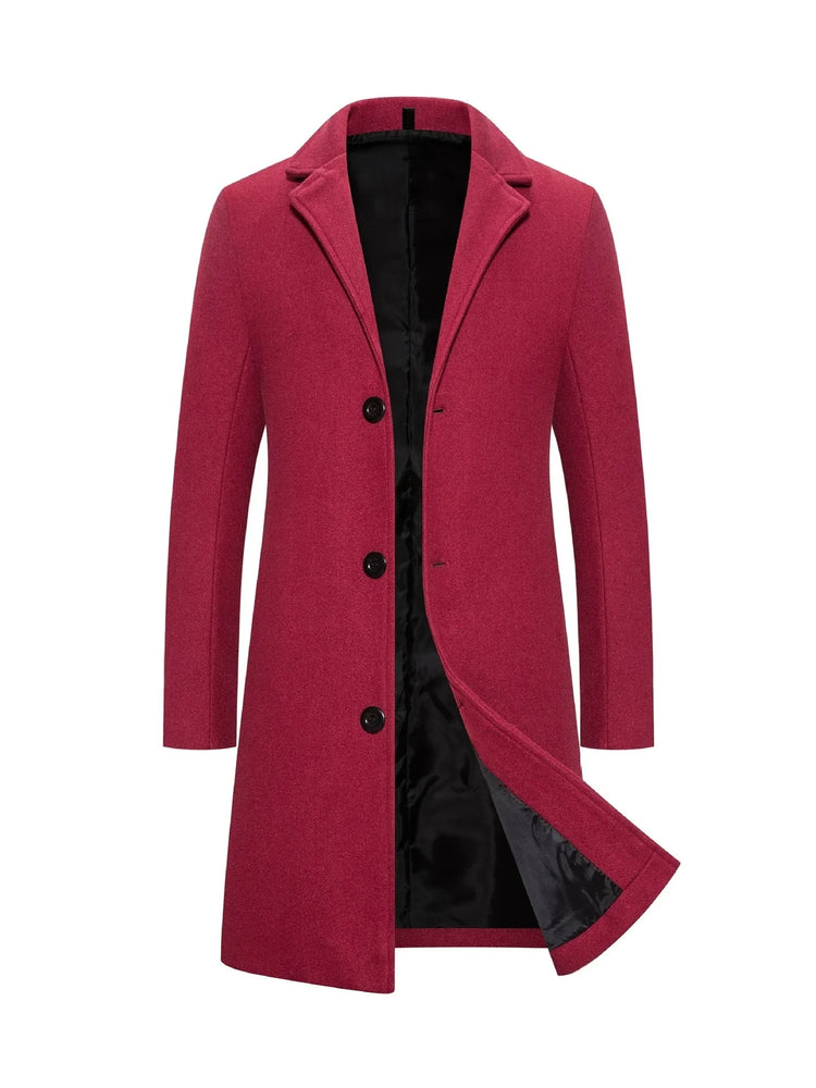 Red wool blend long coat with black lining, notch lapel, and tailored slim fit