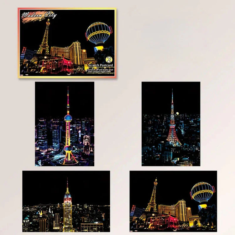 Colorful city skyline scratch postcards showing iconic landmarks at night