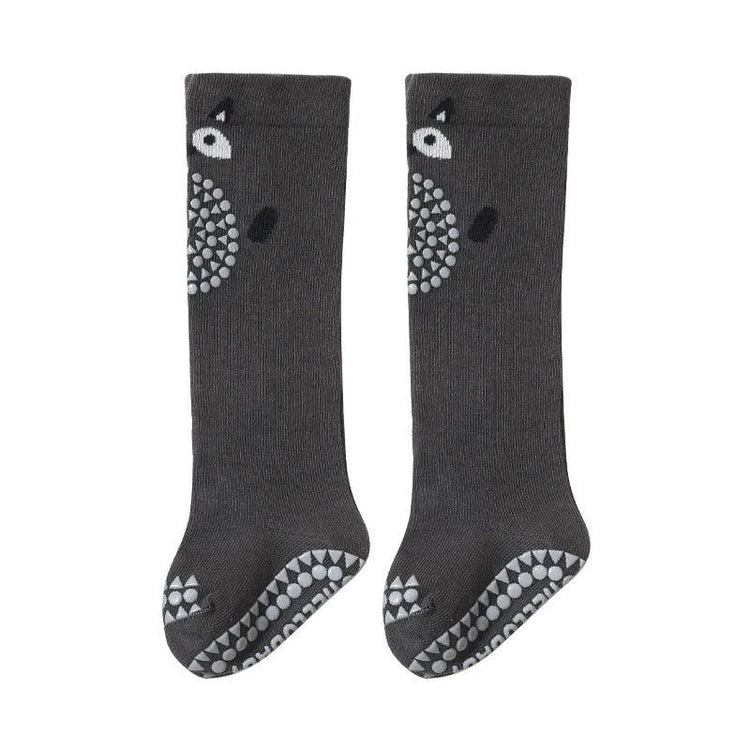 Gray knee-high socks with animal face and dot pattern, non-slip sole, soft knit material