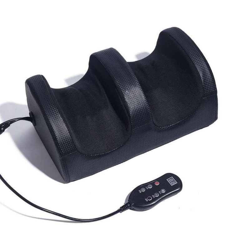 Black ergonomic foot massager with remote, textured material, modern design