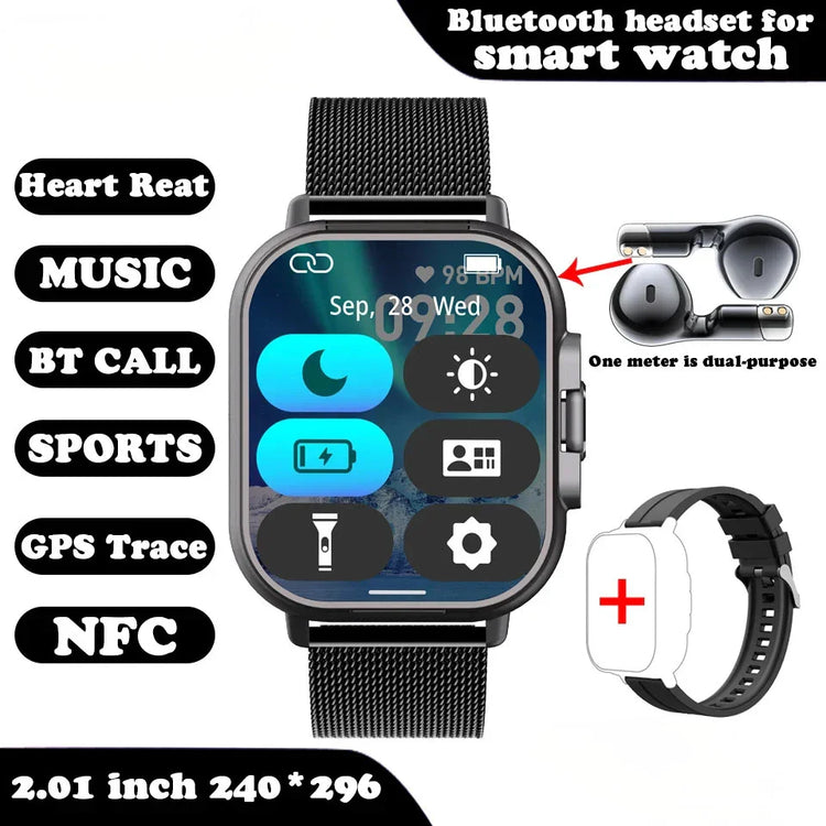 Black mesh band smart watch with large square touchscreen, fitness and heart rate features.