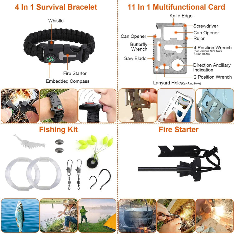 Black paracord survival bracelet, metal multi-tool card, fishing kit, and fire starter for outdoor emergency use.