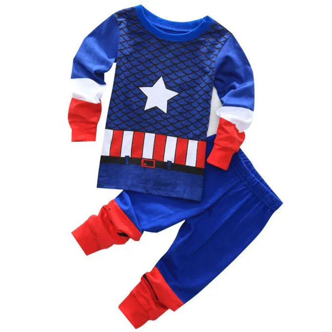 Blue and red long sleeve kids pajama set with star and stripe pattern, cotton, relaxed fit