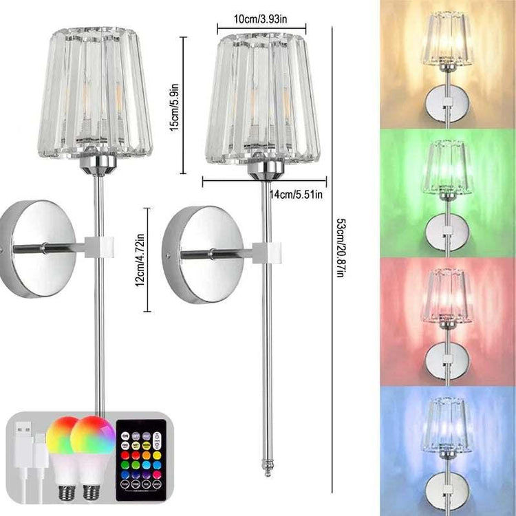 Modern wall sconces with clear glass shades, color-changing LED bulbs, and remote control.
