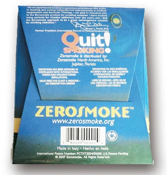Rear view of Zerosmoke product packaging featuring blue and yellow colors, bold text, and detailed usage information.