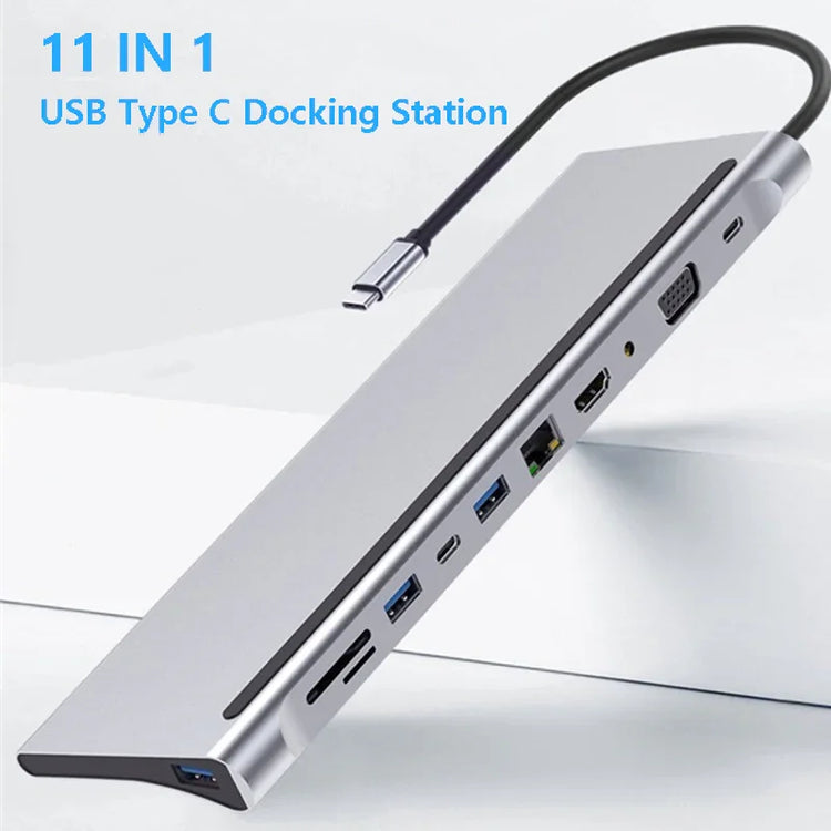 Silver USB Type-C docking station with multiple ports, modern tech accessory, slim design