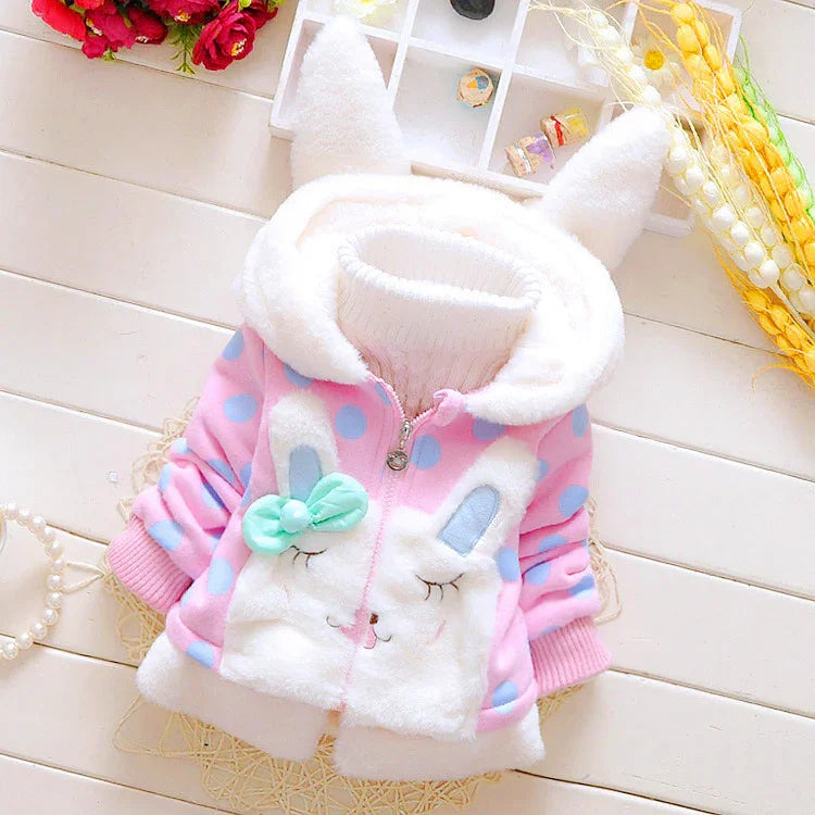 Pink and blue polka dot hooded jacket with bunny ears, fleece accents, and animal face design
