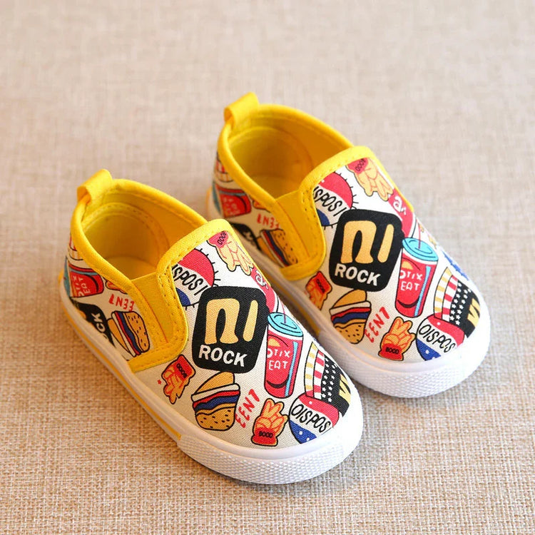 Colorful slip-on sneakers with yellow trim, canvas material, fast food graphic print, casual fit