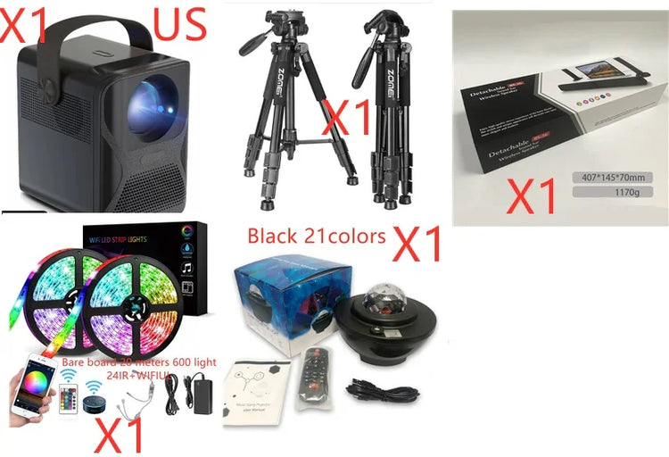Assorted tech gear set including black projector, tripods, LED strip lights, and a light projector.