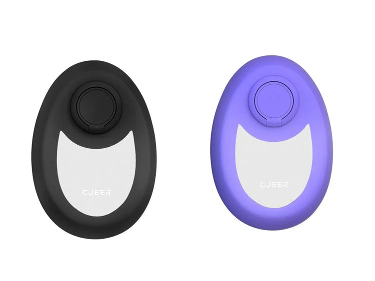 Oval-shaped keychain gadgets in black and purple with white front panels and rounded design