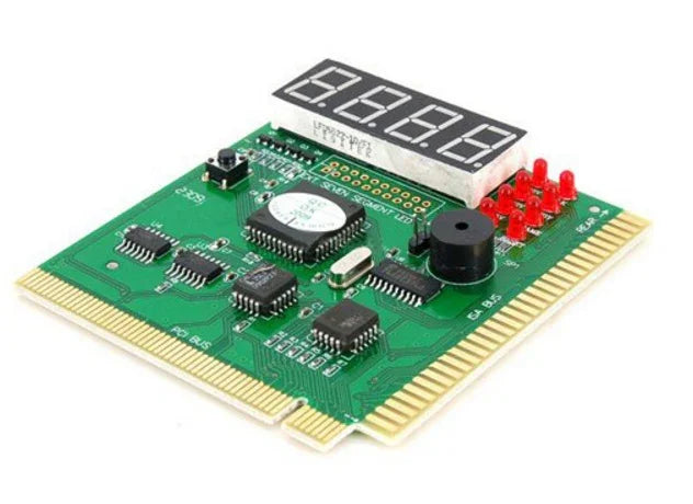 Green diagnostic circuit board with digital LED display, black microchips, and red indicator lights