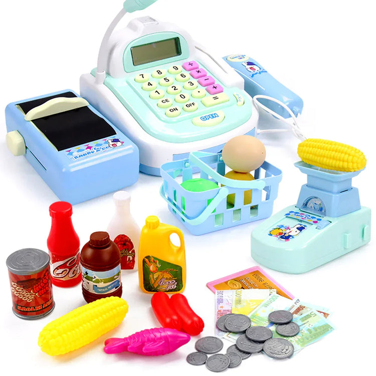 Colorful toy cash register set with plastic play food, coins, and shopping accessories