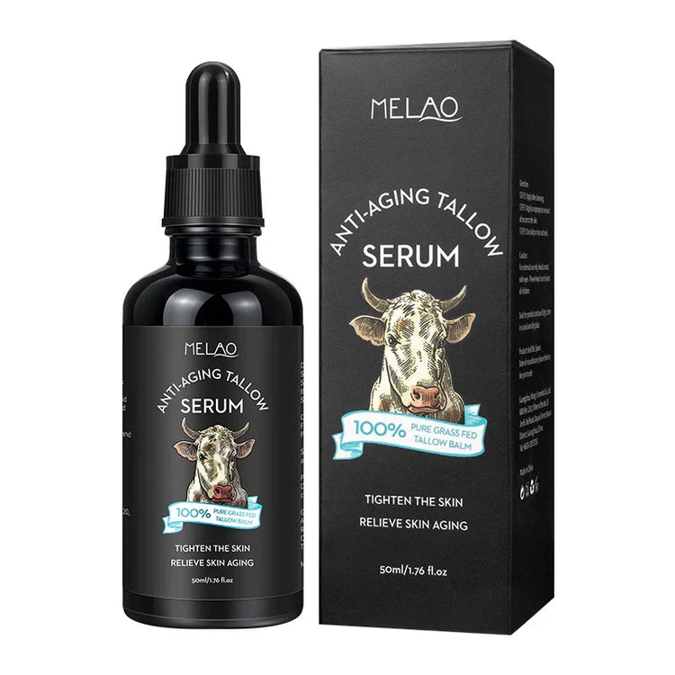 MELAO anti-aging tallow serum bottle and box, black packaging, dropper lid, cow illustration.