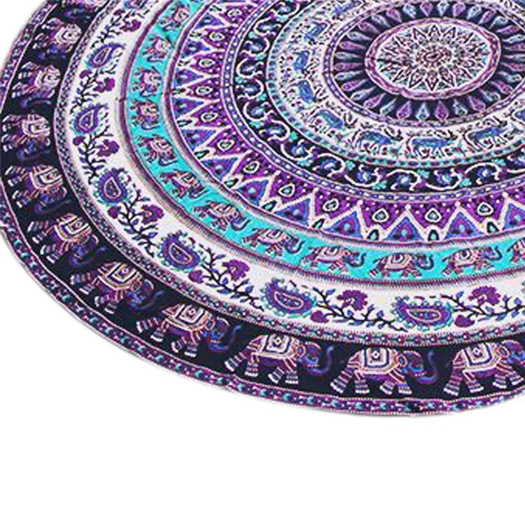 Round mandala tapestry with purple and turquoise elephant and paisley patterns, boho style