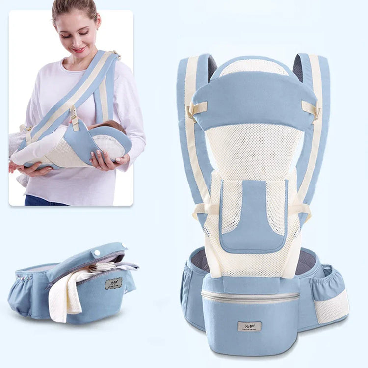Light blue and white ergonomic baby carrier with mesh panels and adjustable straps, breathable design.