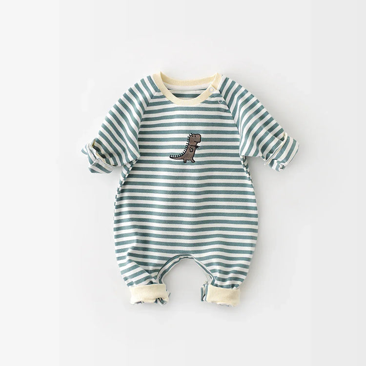 Striped green and white baby romper with dinosaur patch, soft cotton, loose fit, long sleeves.
