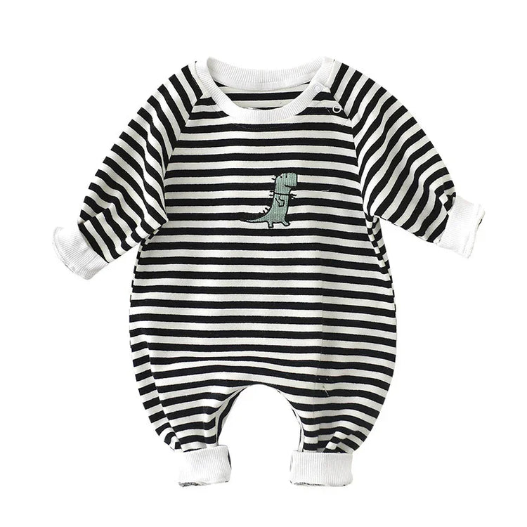 Black and white striped baby romper with dinosaur patch, soft cotton, loose fit, long sleeves