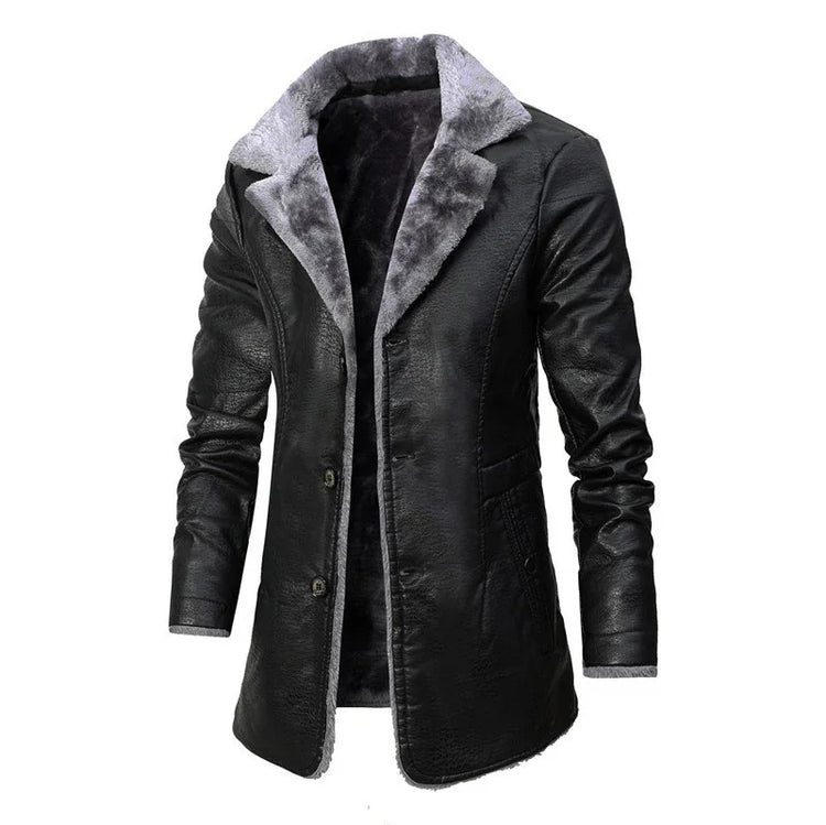 Black faux leather long coat with gray faux fur lining, tailored fit, streetwear style
