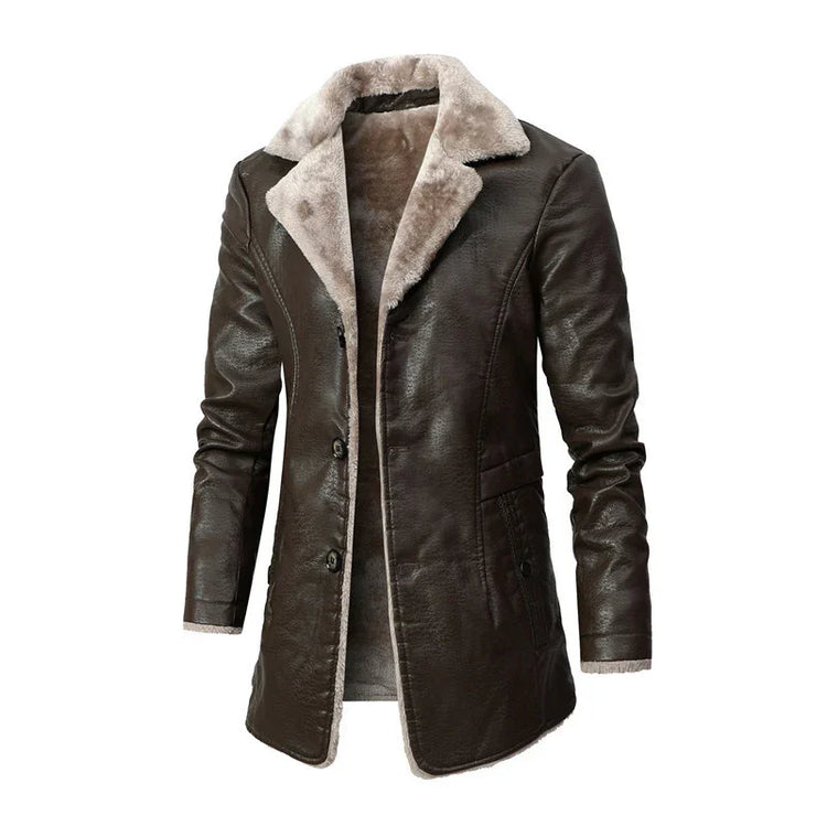 Brown faux leather coat with light beige faux fur lining and tailored fit