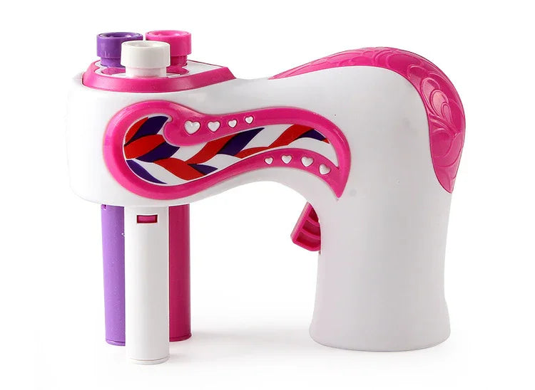Colorful plastic hair braiding tool in pink, purple, and white with heart accents.