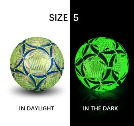 Reflective size 5 soccer ball with green and blue patterns shown in daylight and glowing in the dark