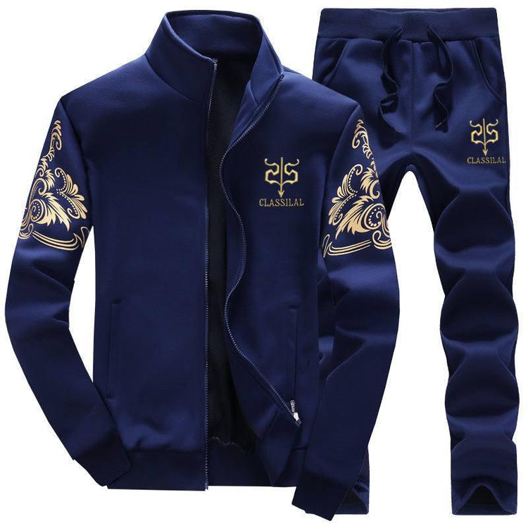 Navy blue tracksuit with gold embroidery, zip-up jacket and drawstring pants, slim fit