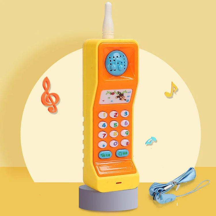 Yellow and orange retro toy phone with colorful buttons, musical notes, and blue lanyard