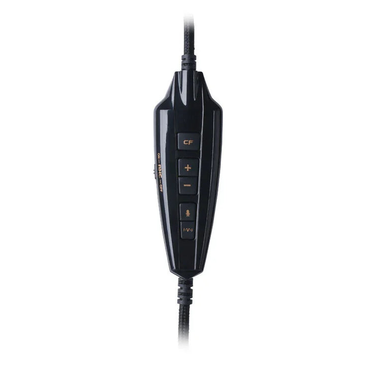 Black inline control for headphones with volume and mute buttons on braided cable