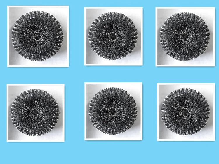 Six metallic mesh scrubbers arranged in a grid on a blue background