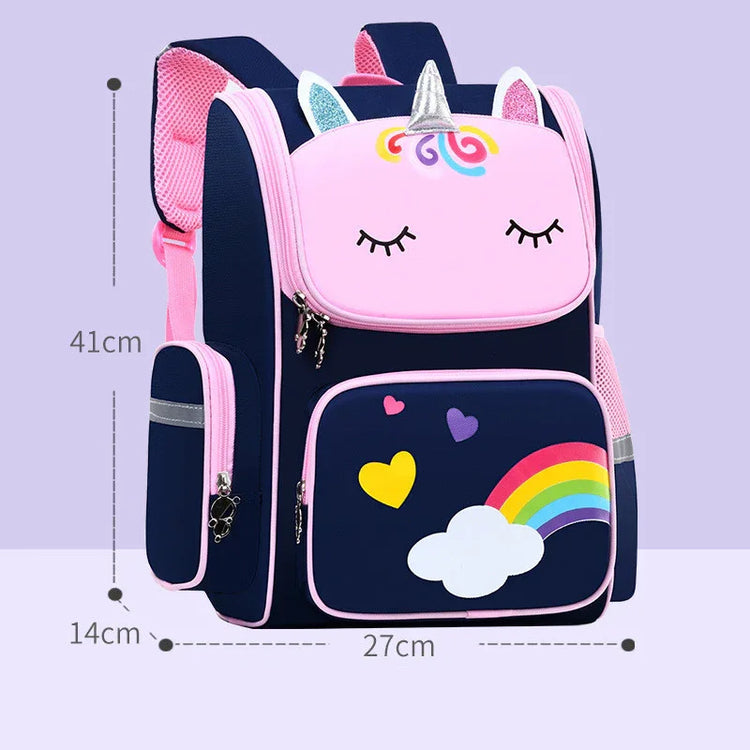 Pink and navy blue unicorn-themed backpack with rainbow, cloud, and heart designs, 41cm tall.