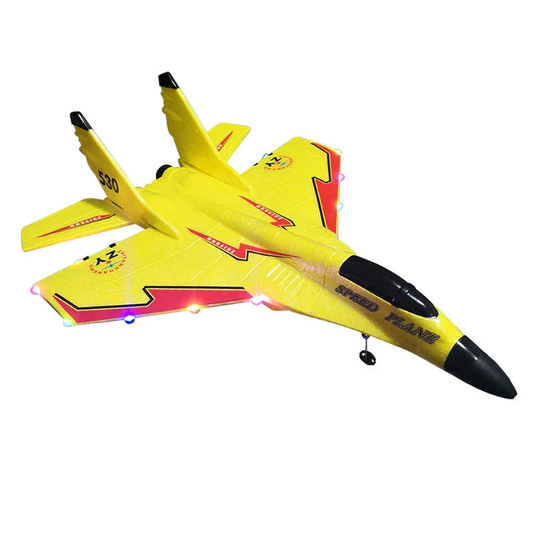 Yellow foam toy jet plane with red accents, LED lights, and black details