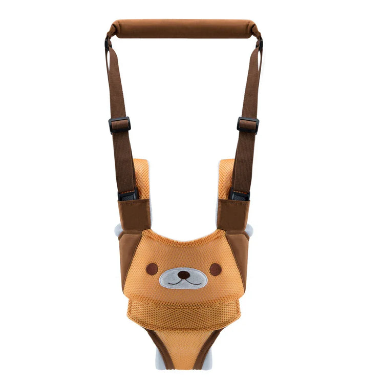 Brown and orange mesh baby harness with bear face design, adjustable straps, secure fit