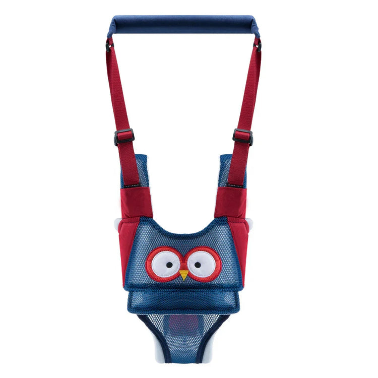 Blue and red mesh baby walking harness with cartoon owl design and adjustable straps
