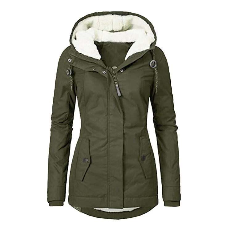 Olive green hooded parka with white fleece lining, tailored fit, button and zip details.